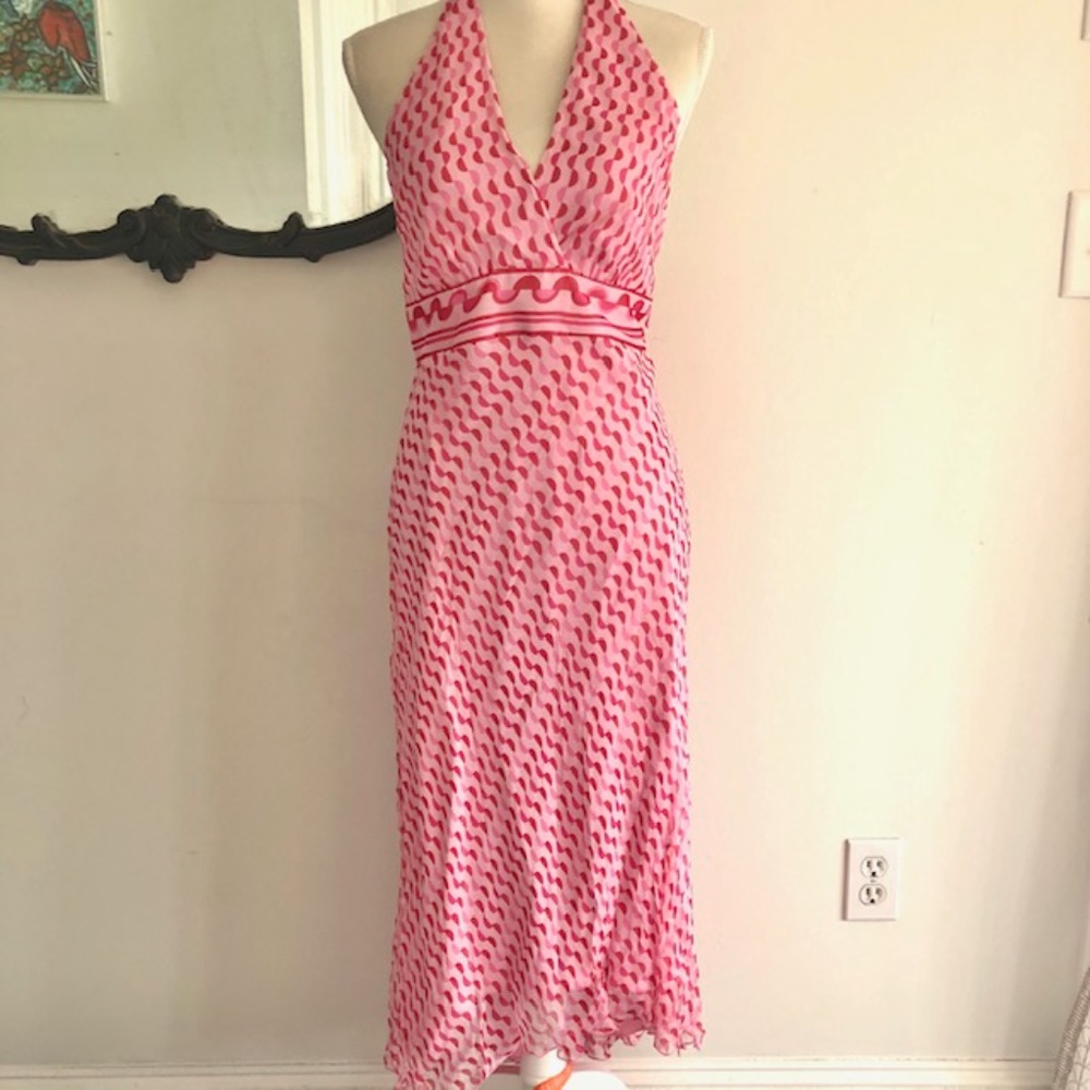 Laundry By Shelli Segal Pink & White Halter V-Neck Midi Dress